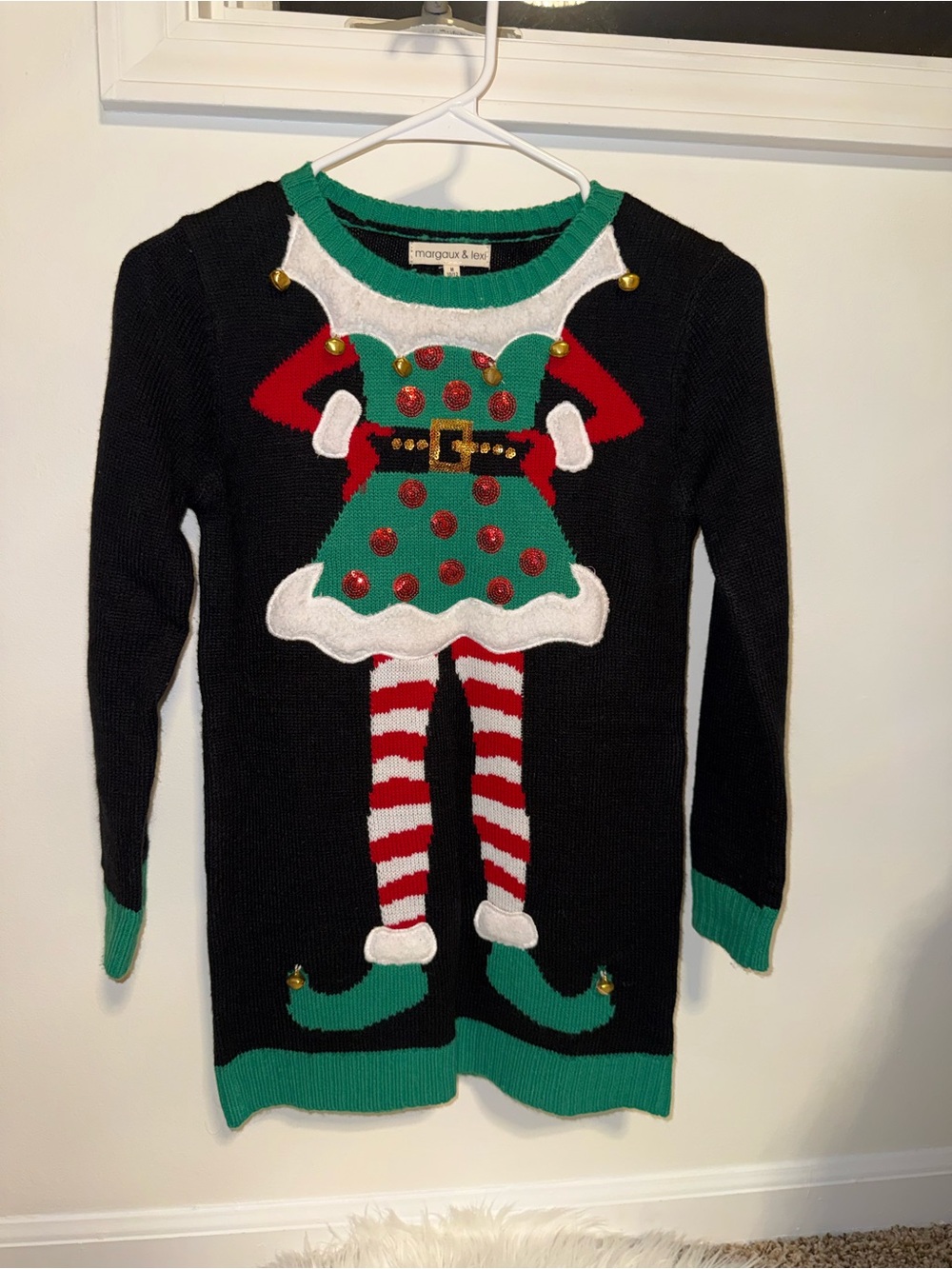Marquise Black, Green & Red Elf Sweater Dress for Girls